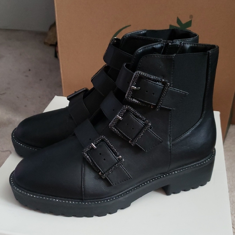 Stylish Triple Buckle Black Moto Boots for Women